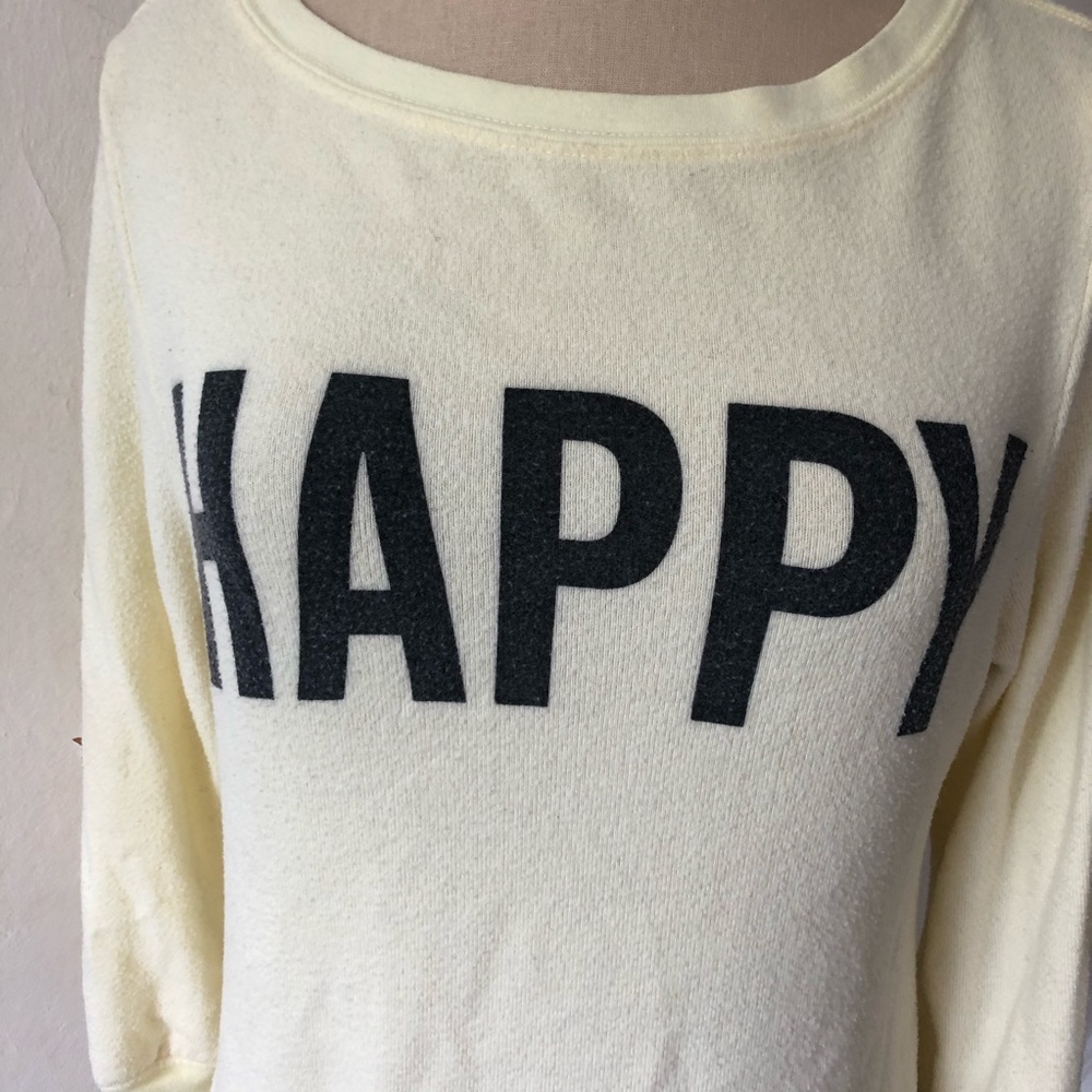 Wildfox HAPPY Graphic Pale Yellow Baggy Beach Jumper Pullover Sweatshirt Size XS - Picture 6 of 8